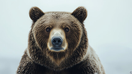 Obraz premium A portrait of a brown bear on a white background. The bear's fur is intricately detailed, with small snowflakes, adding a natural touch