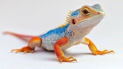 Fototapeta premium Bright lizard, bright colors long tail bright shining eyes standing upright full length, white background 