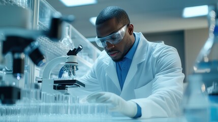 A researcher carefully handles test tubes and samples while working in a laboratory, ensuring accuracy and safety during experiments. Generative AI