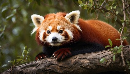 Fototapeta premium Red Panda Curled Up in Tree Branches