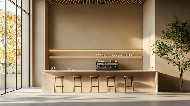 Beige cafeteria interior with bar counter and panoramic window