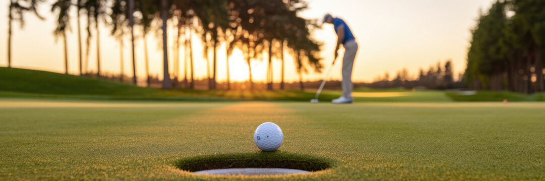 A man is playing golf and is about to hit a ball. The ball is in the hole - Powered by Adobe