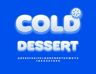 Vector creative advertisement Cold Dessert. Snow White 3D Font. Decorative Alphabet Letters and Numbers set.