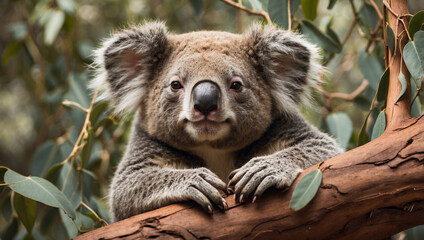 Fototapeta premium Sleepy Koala Resting in a Tree Fork