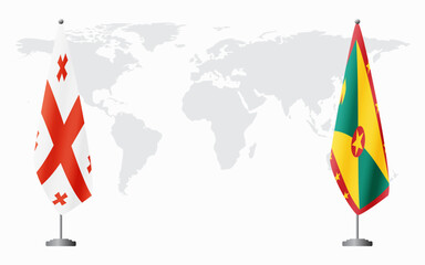 Georgia and Grenada flags for official meeting against background of world map.