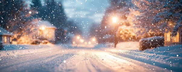 Fototapeta premium Snowcovered street from drivers viewpoint, chill of winter night, POV, photorealistic