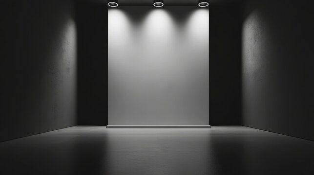 Minimalist studio setup with a smooth grey floor seamlessly transitioning into a white cyc wall dramatically lit by overhead spotlights creating a subtle gradient effect