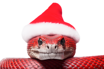 A snake in a Santa Claus hat isolated on transparent background.