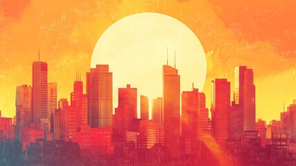 Obraz premium Scorching sun beating down on a sweltering cityscape illustrating the effects of a heatwave and urban heat islands in a warming world