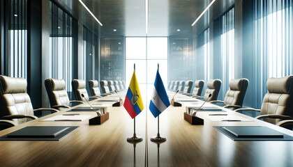 A modern conference room with Ecuador and Nicaragua flags on a long table, symbolizing a bilateral meeting or diplomatic discussions between the two nations.