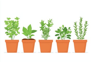 Fototapeta premium Five potted herbs on white background