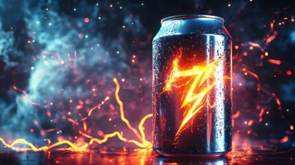 A vibrant promotional banner for an energy drink in an aluminum can, highlighted by electrifying flashes and energy symbols, designed in a striking 3D render style