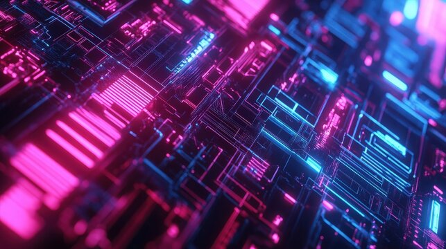 An advanced futuristic environment featuring radiant neon hues and complex circuitry patterns, ideal for innovative and science fiction concepts 