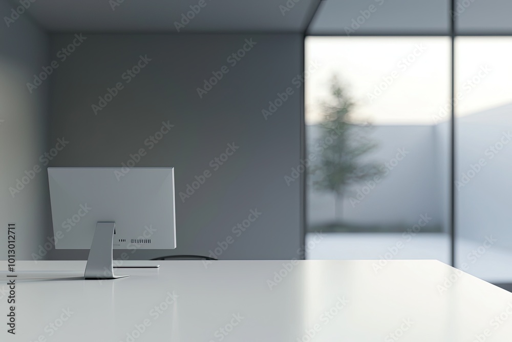 Wall mural Blurred office background with a computer and white desk in a modern interior, a business work space concept, a mockup for product display presentation, with a white background