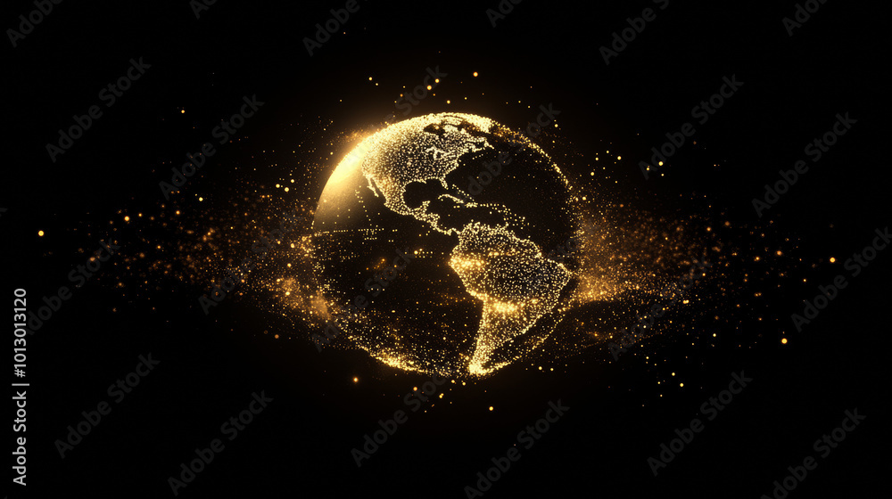 Poster a simple, geometric image of earth with shimmering gold dust. the image is made up of dots and lines