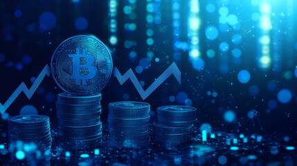 A blue dollar coin and stacks of money grow with arrows pointing upwards, set against a tech background. This image represents increasing profits and revenue.low poly wireframe.