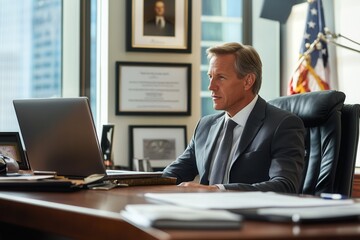Obraz premium A lawyer in professional attire consults with a client at a desk in a modern office, discussing important legal matters and strategies. Generative AI
