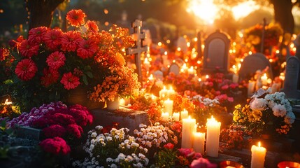 Fototapeta premium A nighttime view of a cemetery illuminated by candles, shadows dancing around the graves, creating a spiritual and somber scene