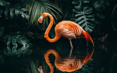 Fototapeta premium A vibrant flamingo stands gracefully in a serene pond, surrounded by lush tropical foliage, reflecting its beauty in the water.