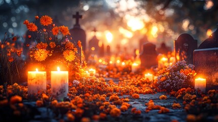 Fototapeta premium A spiritual nighttime cemetery lit by dozens of candles, with marigold petals strewn across the graves, creating a peaceful, somber atmosphere