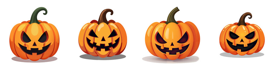Fototapeta premium A set of four scary jack-o-lanterns with different expressions and details. The pumpkins are depicted in a realistic style, with subtle shading and highlights that contribute to the spooky isolated