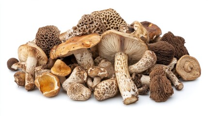 A mix of wild mushrooms, including porcini and morels, arranged on white background