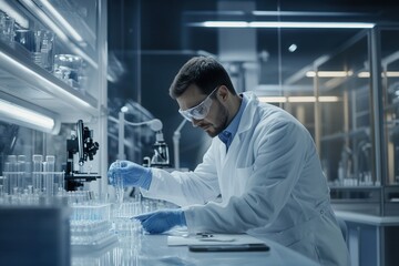 A scientist in protective gear is meticulously working with test tubes and samples in a high-tech laboratory setting during the evening. Generative AI