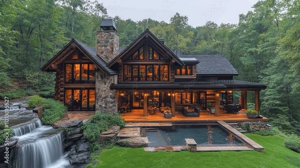 Poster A large house with a pool and a waterfall in the background