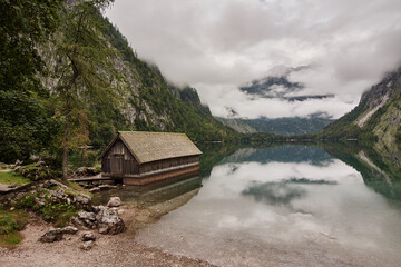 Boathouse at Lake Obersee in Schoenau am Koenigssee, Germany, Europe