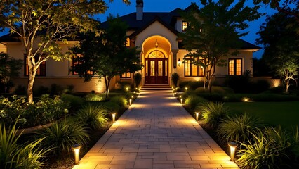 Naklejka premium A beautifully lit pathway leading to a luxurious house at night, surrounded by well-maintained gardens and trees