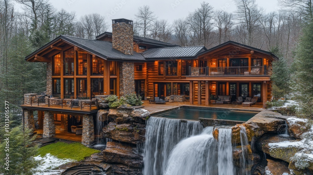 Poster a large house with a waterfall in front of it