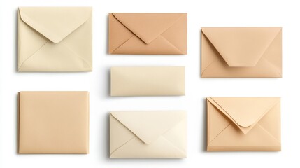 Various colored envelopes arranged neatly on a white background realistic. Generative AI