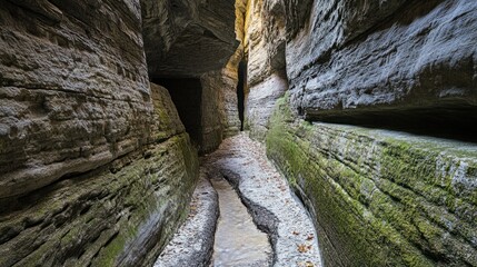 A narrow passageway carved through solid rock by centuries of underground water flow