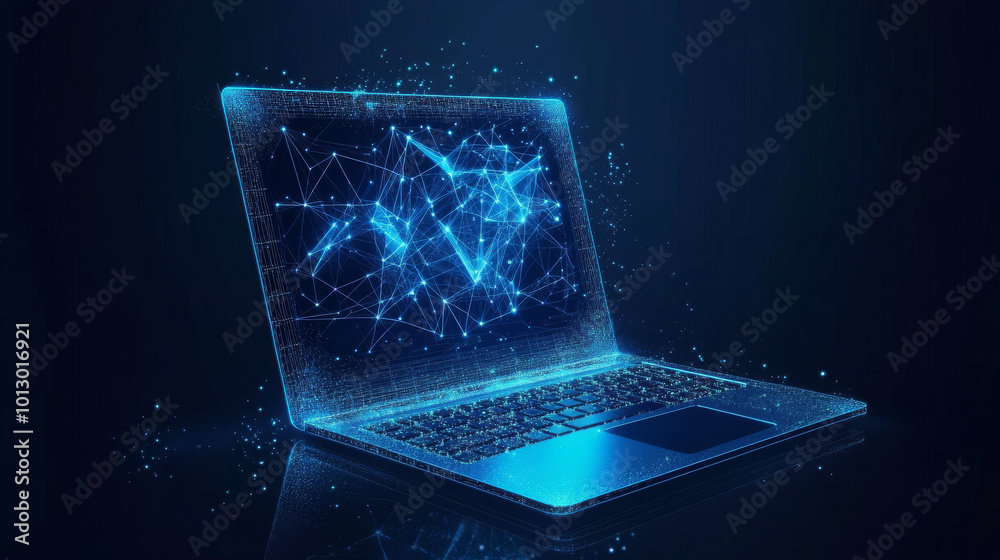 Poster a futuristic, blue, geometric design on a laptop screen represents programming code. it symbolizes t