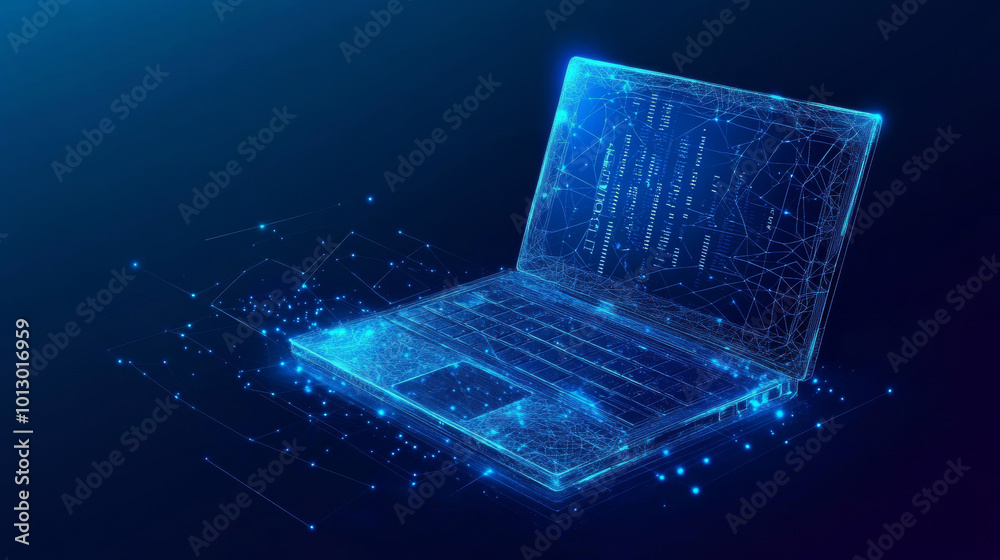 Poster a futuristic, blue, geometric design on a laptop screen represents programming code. it symbolizes t