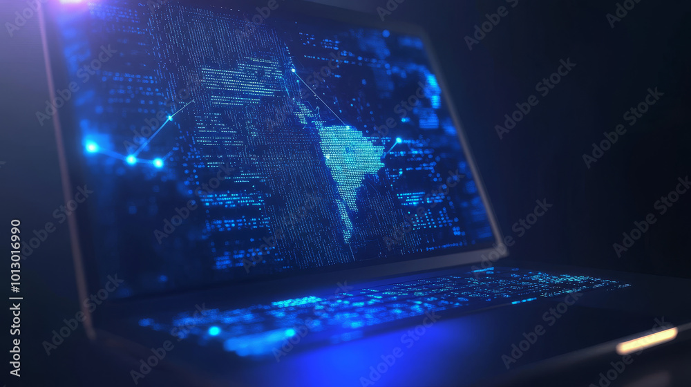 Poster a futuristic, blue, geometric design on a laptop screen represents programming code. it symbolizes t
