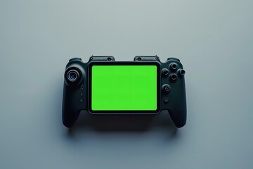 mock up drone remote control featuring a vibrant green screen on its display, presented against a plain white background,