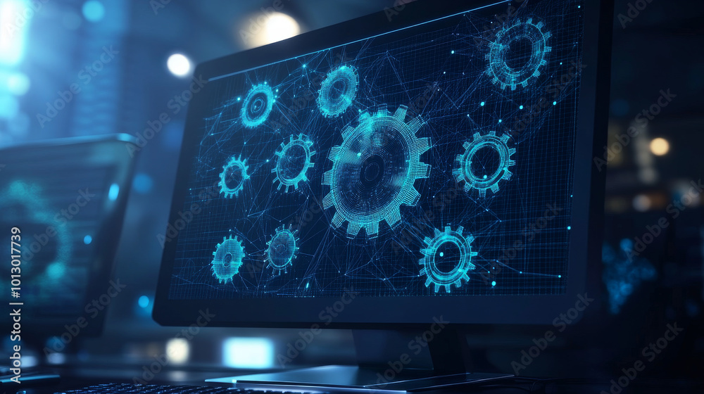 Poster a computer screen shows gears made of simple shapes. this image represents the complex technology us