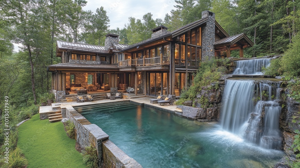 Poster a large house with a pool and a waterfall