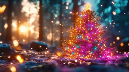 Enchanting christmas tree with colorful lights in a snowy forest setting