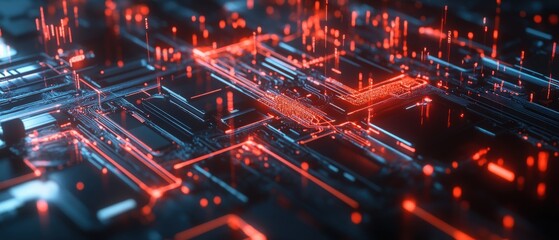 Fototapeta premium Futuristic 3D model of an abstract cybersecurity operations hub featuring pulsating network connections and dynamic data streams