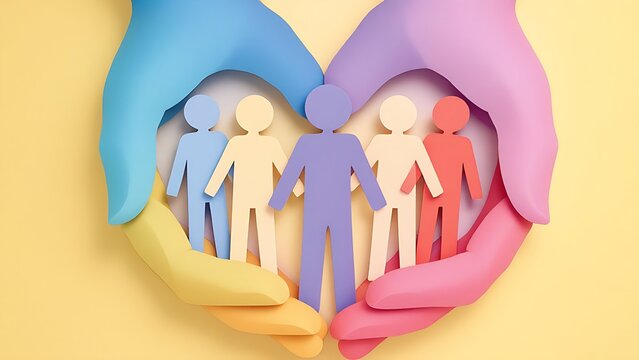 Colorful hands forming a heart shape around paper cutout figures of people, symbolizing unity and protection