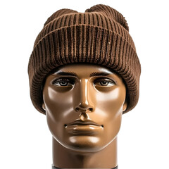 Men's brown beanie hat on manikin head stand transparent background