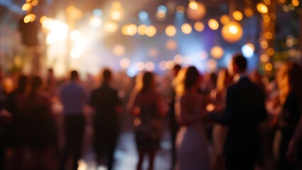 A blurred image of people at a festive event with warm lighting and bokeh effects