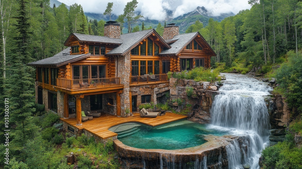 Poster A large house with a pool and a waterfall in the background
