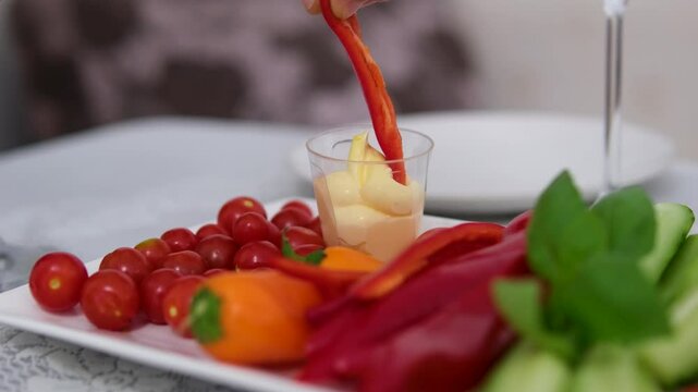 a piece of bell pepper to dip in sauce vegetables with sauce
