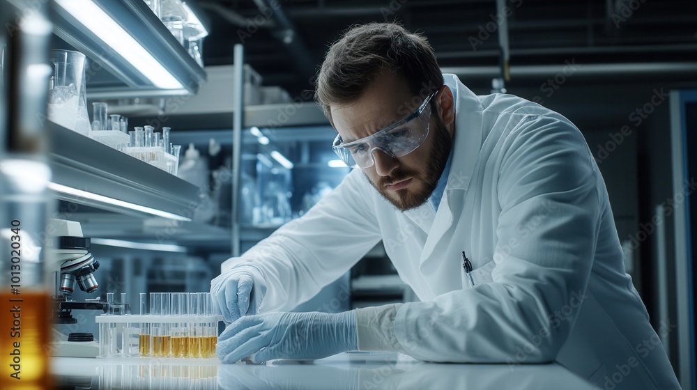 Leinwandbilder a scientist is meticulously working in a laboratory, managing test tubes and samples while ensuring 