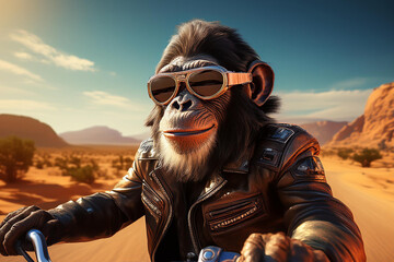 Affe mit Spnnenbrille auf dem Motorraf f&auml;hrt durch die W&uuml;ste
