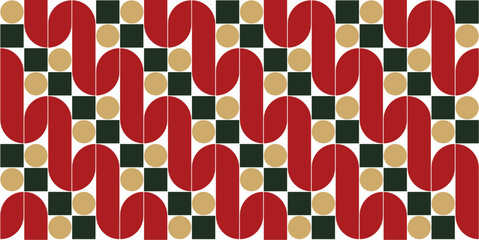 Geometric elements shapes pattern for Christmas and New Year holidays. Seamless pattern of modern Batik Parang Indonesia in Red Green Gold color. Vector illustration. Landscape abstract background.