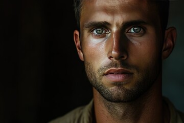 Obraz premium Close-up portrait of a man. This image is suitable for websites or social media promoting masculinity and strength.